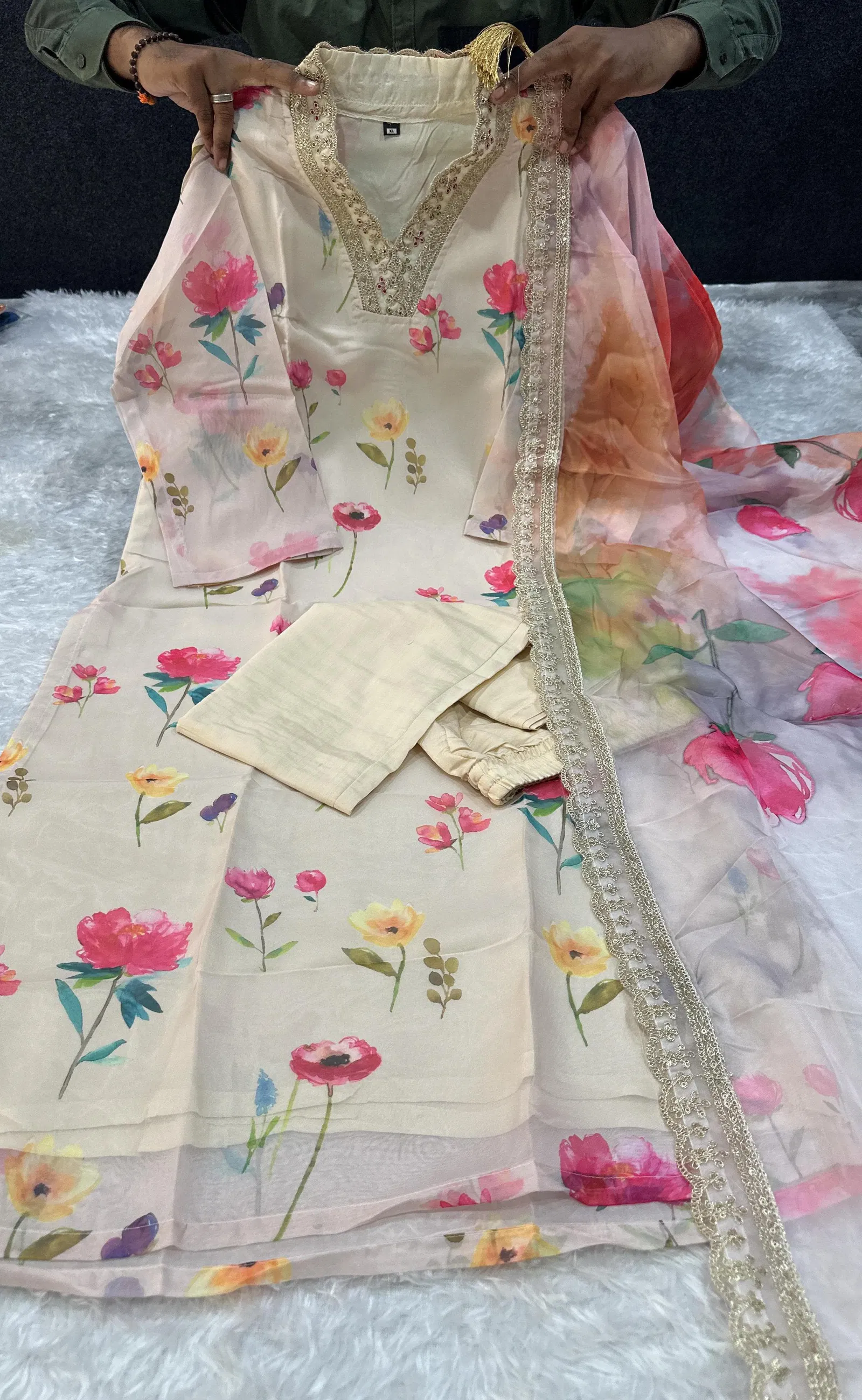 Keshav Embroidery Printed Organza Designer Kurti With Bottom Dupatta Wholesalers In Surat